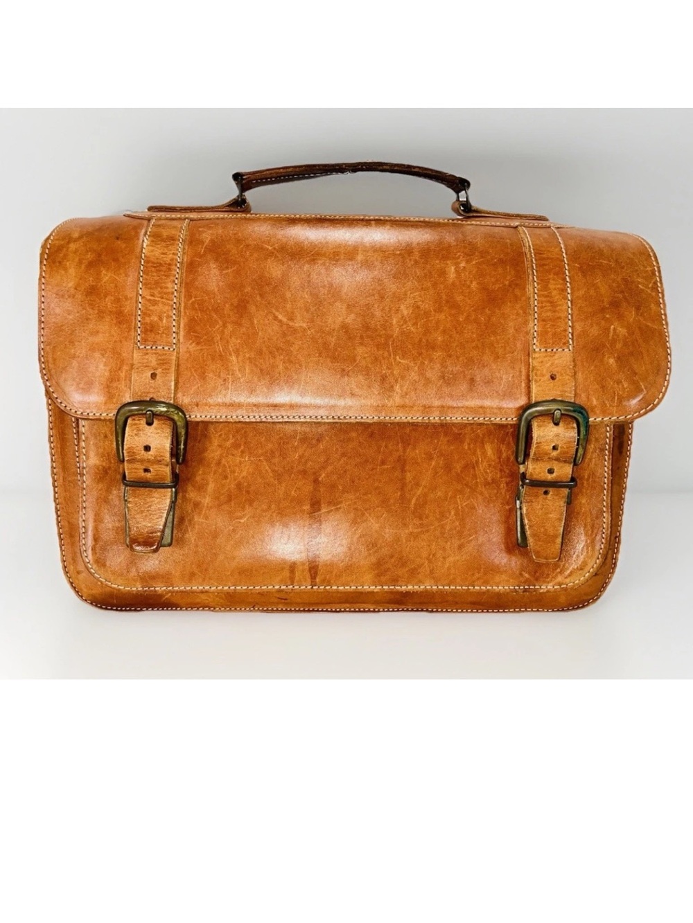 VTG Cognac Leather Briefcase/Laptop Bag w/5 Pockets By Naturally Yours-Greece